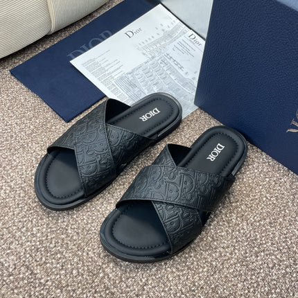 DIOR 25S ALIAS CROSS-STRAP SLIDES IN BLACK CALFSKIN