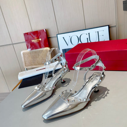 ROCKSTUD CAGED SLINGBACKS 5 CM IN SILVER CALFSKIN