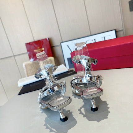 ROCKSTUD CAGED SLINGBACKS 5 CM IN SILVER CALFSKIN