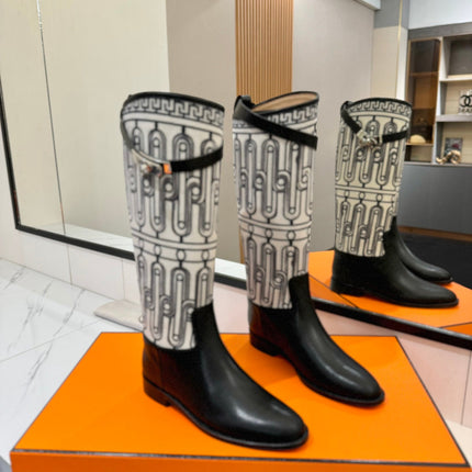 JUMPING BOOT 2 CM IN BLACK CALFSKIN AND BLACK MIX WHITE FABRIC