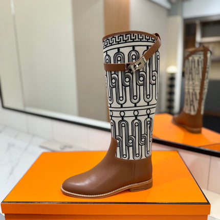 JUMPING BOOT 2 CM IN BRONZE BROWN CALFSKIN AND BLACK MIX WHITE FABRIC