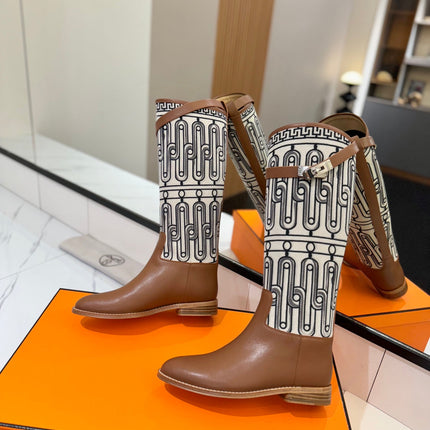 JUMPING BOOT 2 CM IN BRONZE BROWN CALFSKIN AND BLACK MIX WHITE FABRIC