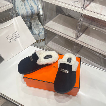 SLIP-ON MULE IN BLACK SUEDE AND SHEARLING LINING
