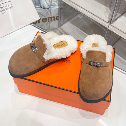 SLIP-ON MULE IN MEDIUM BROWN SUEDE AND SHEARLING LINING