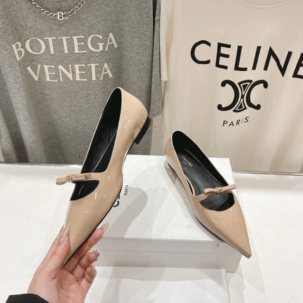 SUZY POINTY TOE BALLERINA IN TAN BEIGE PATENT CALFSKIN