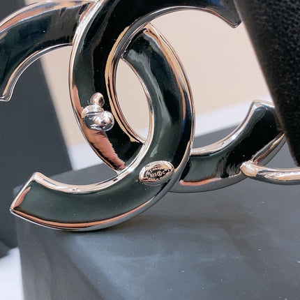 DOUBLE C BELT 30MM IN BLACK CALFSKIN SILVER BUCKLE EMBOSSED WHITE LOGO