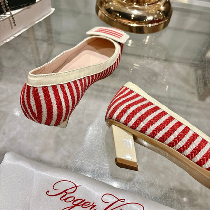 ROGER VIVIER 25S TROMPETTE BALLERINAS 45MM IN RED PLAID PATTERN CANVAS