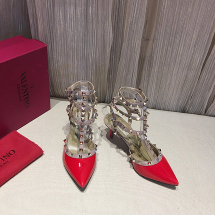 ROCKSTUD CAGED PUMP 65MM IN RUBY RED MIX LIGHT PINK PATENT CALFSKIN