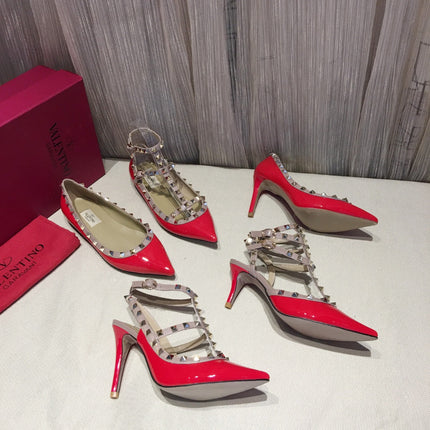 ROCKSTUD CAGED PUMP 65MM IN RUBY RED MIX LIGHT PINK PATENT CALFSKIN