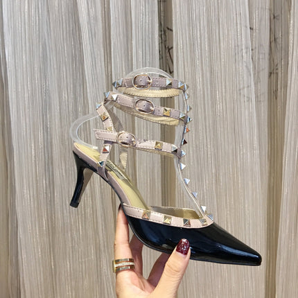 ROCKSTUD CAGED PUMP 65MM IN BLACK MIX LIGHT PINK PATENT CALFSKIN