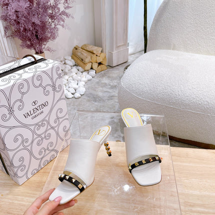 ROCKSTUD TOWER-HEEL MULES IN WHITE CALFSKIN 7 CM