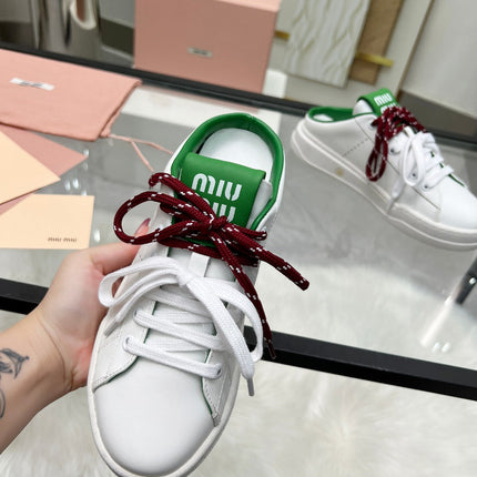 SNEAKER MULES IN WHITE MIX GREEN CALFSKIN WHITE RED LACES