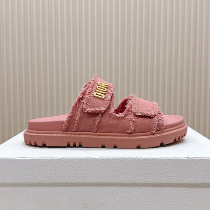 DIOR CLASSIC DOUBLE-STRAP SLIDES 25S IN PEACHY PINK DENIM AND CALFSKIN