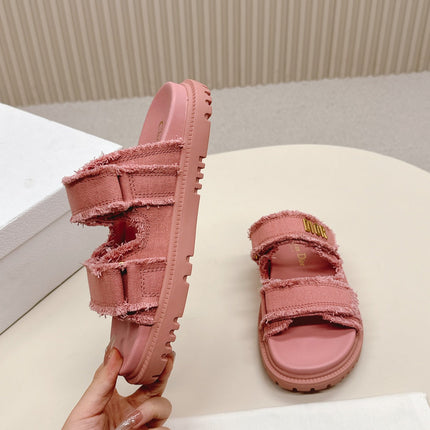 DIOR CLASSIC DOUBLE-STRAP SLIDES 25S IN PEACHY PINK DENIM AND CALFSKIN