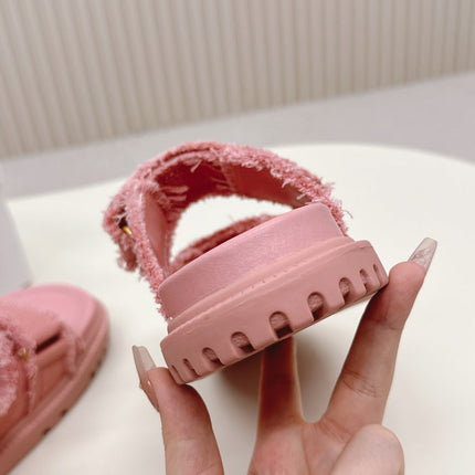 DIOR CLASSIC DOUBLE-STRAP SLIDES 25S IN PEACHY PINK DENIM AND CALFSKIN