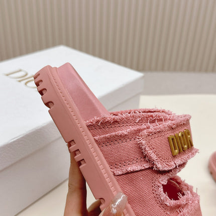 DIOR CLASSIC DOUBLE-STRAP SLIDES 25S IN PEACHY PINK DENIM AND CALFSKIN