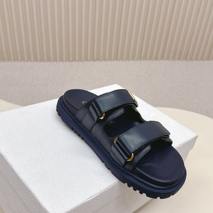 DIOR CLASSIC DOUBLE-STRAP SLIDES 25S IN MIDNIGHT BLUE CALFSKIN