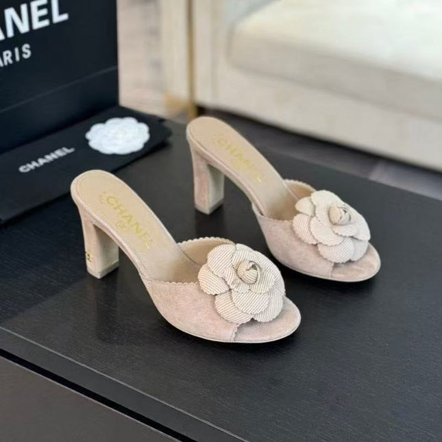 CAMELLIA HEELS SAND IN BEIGE SUEDE WITH SIGNATURE FLOWER EMBELLISHMENT