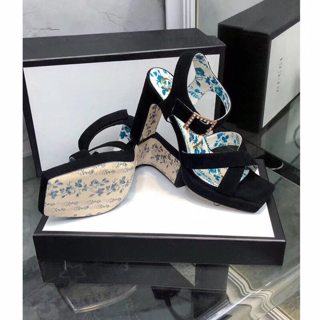 GG HIGH SANDAL BLACK SUEDE WITH PATTERNS
