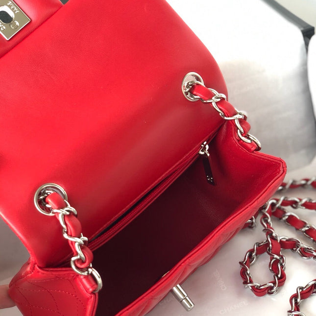 MINI SQUARE FLAP BAG 17CM RED LAMBSKIN SILVER HARDWARE