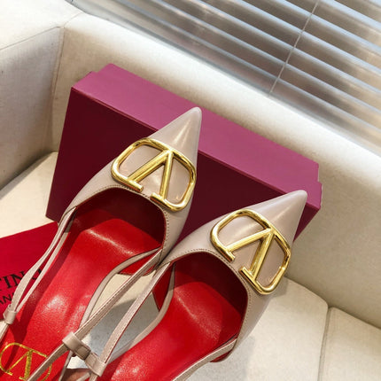 VLOGO SIGNATURE PALE PINK CALFSKIN HIGH SLINGBACK PUMP 7 CM WITH GOLD LOGO