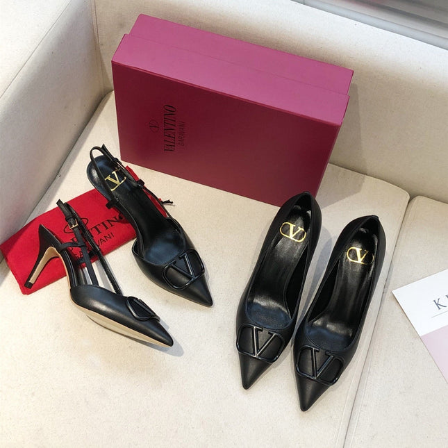 VLOGO SIGNATURE BLACK CALFSKIN HIGH SLINGBACK PUMP 7 CM