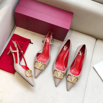 VLOGO SIGNATURE PALE PINK CALFSKIN HIGH SLINGBACK PUMP 4 CM WITH GOLD LOGO