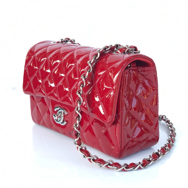 MINI RECTANGLE FLAP BAG 20CM RED PATENT CALFSKIN SILVER HARDWARE
