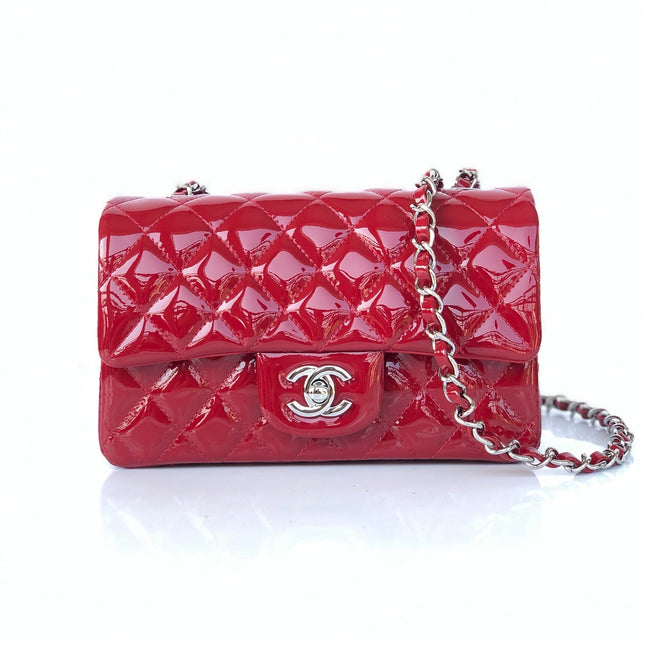 MINI RECTANGLE FLAP BAG 20CM RED PATENT CALFSKIN SILVER HARDWARE