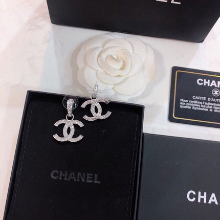 DOUBLE C STUD EARRINGS IN SILVER METAL FULL WHITE CRYSTALS