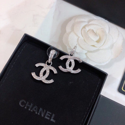 DOUBLE C STUD EARRINGS IN SILVER METAL FULL WHITE CRYSTALS