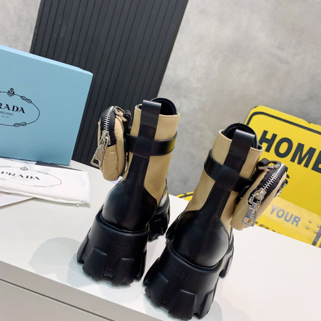 PRADA 25S MONOLITH BRUSHED AND RE NYLON BOOTS WITH POUCH BLACK AND MUTED OLIVE
