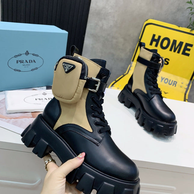 PRADA 25S MONOLITH BRUSHED AND RE NYLON BOOTS WITH POUCH BLACK AND MUTED OLIVE