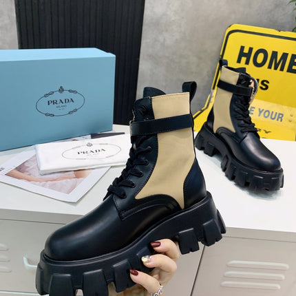 PRADA 25S MONOLITH BRUSHED AND RE NYLON BOOTS WITH POUCH BLACK AND MUTED OLIVE