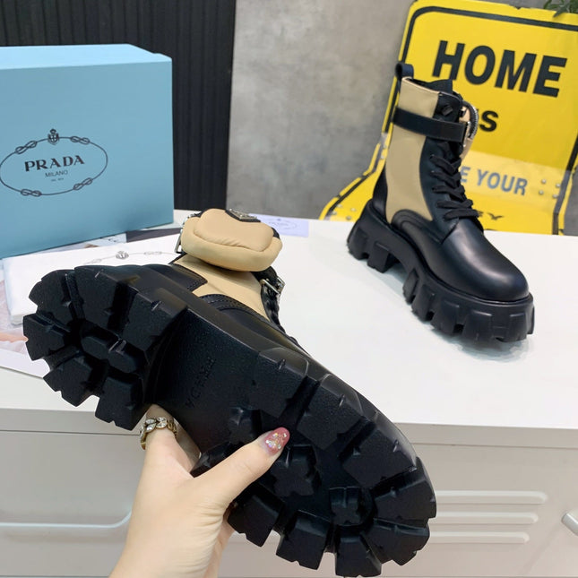 PRADA 25S MONOLITH BRUSHED AND RE NYLON BOOTS WITH POUCH BLACK AND MUTED OLIVE