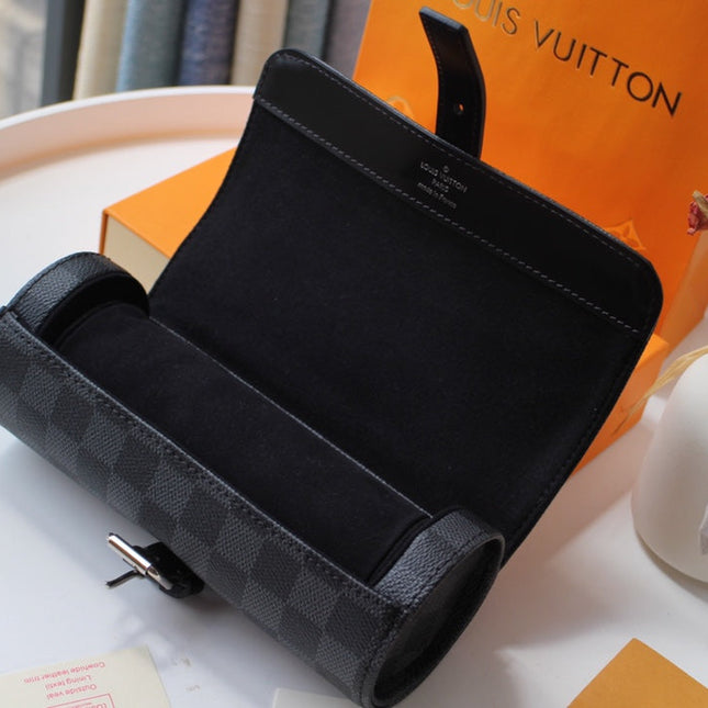 LV 25S ASTUCCIO PER 3 OROLOGI 20 IN BLACK DAMIER GRAPHITE CALFSKIN