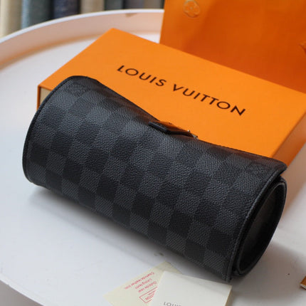 LV 25S ASTUCCIO PER 3 OROLOGI 20 IN BLACK DAMIER GRAPHITE CALFSKIN