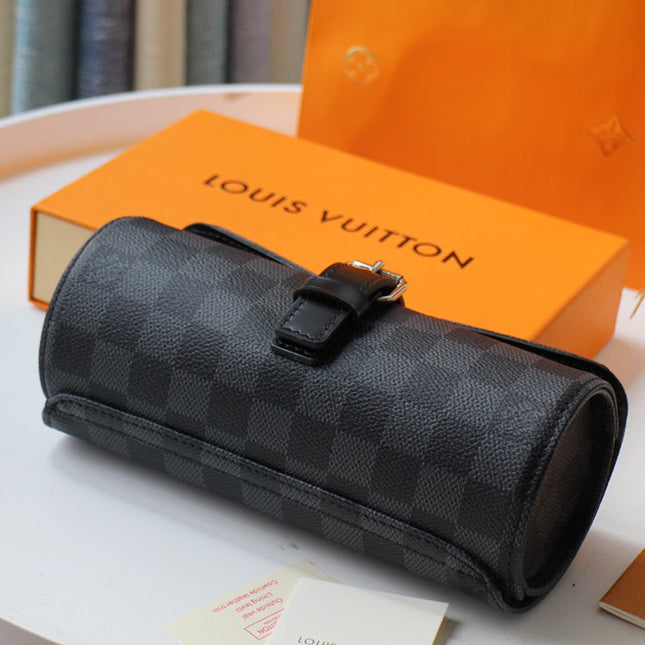 LV 25S ASTUCCIO PER 3 OROLOGI 20 IN BLACK DAMIER GRAPHITE CALFSKIN