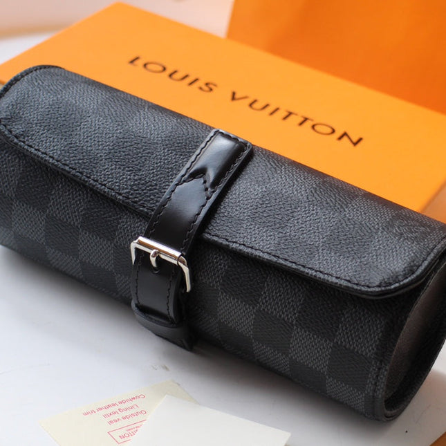 LV 25S ASTUCCIO PER 3 OROLOGI 20 IN BLACK DAMIER GRAPHITE CALFSKIN