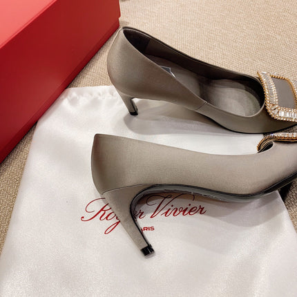 TROMPETTE PUMPS IN TAUPE SILK CRYSTAL BUCKLE