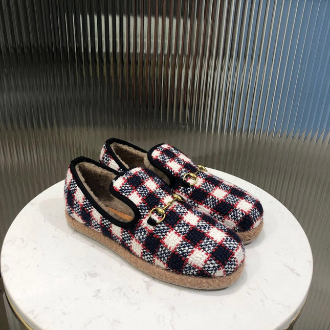 GG HORSEBIT LOAFER IN COLORFUL TWEED AND LAMB FUR LINING