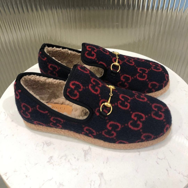 GG HORSEBIT LOAFER IN BLACK MIX RED WOOL AND LAMB FUR LINING