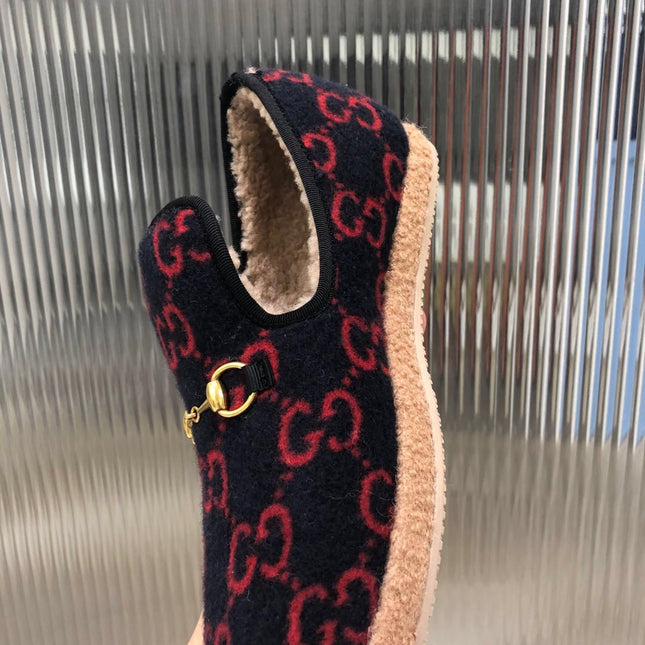 GG HORSEBIT LOAFER IN BLACK MIX RED WOOL AND LAMB FUR LINING