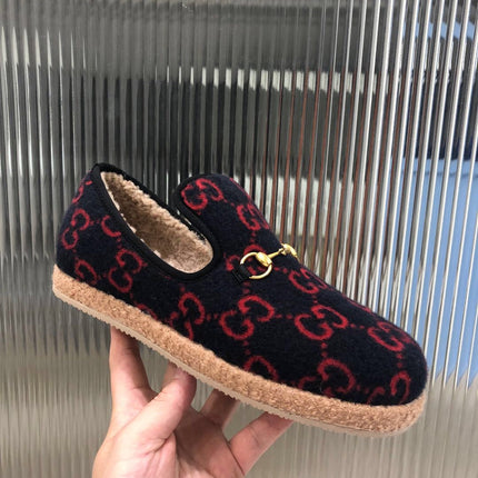 GG HORSEBIT LOAFER IN BLACK MIX RED WOOL AND LAMB FUR LINING