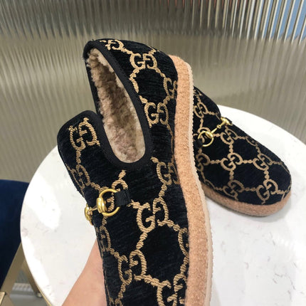 GG HORSEBIT LOAFER IN BLACK MIX YELLOW WOOL AND LAMB FUR LINING