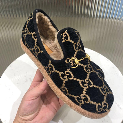 GG HORSEBIT LOAFER IN BLACK MIX YELLOW WOOL AND LAMB FUR LINING