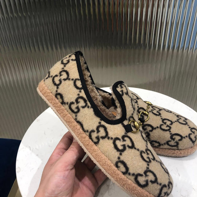 GG HORSEBIT LOAFER IN BEIGE MIX BLACK WOOL AND LAMB FUR LINING