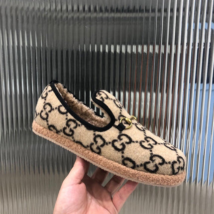 GG HORSEBIT LOAFER IN BEIGE MIX BLACK WOOL AND LAMB FUR LINING