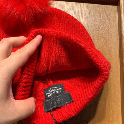 BEANIE HAT IN CHERRY RED WOOL AND RABBIT FUR 361436