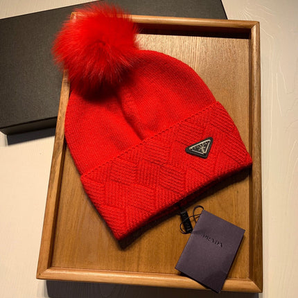 BEANIE HAT IN CHERRY RED WOOL AND RABBIT FUR 361436